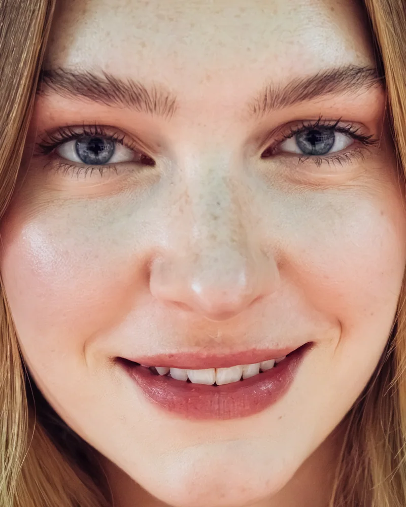 Close-up portrait of a smiling woman with blue eyes and freckles